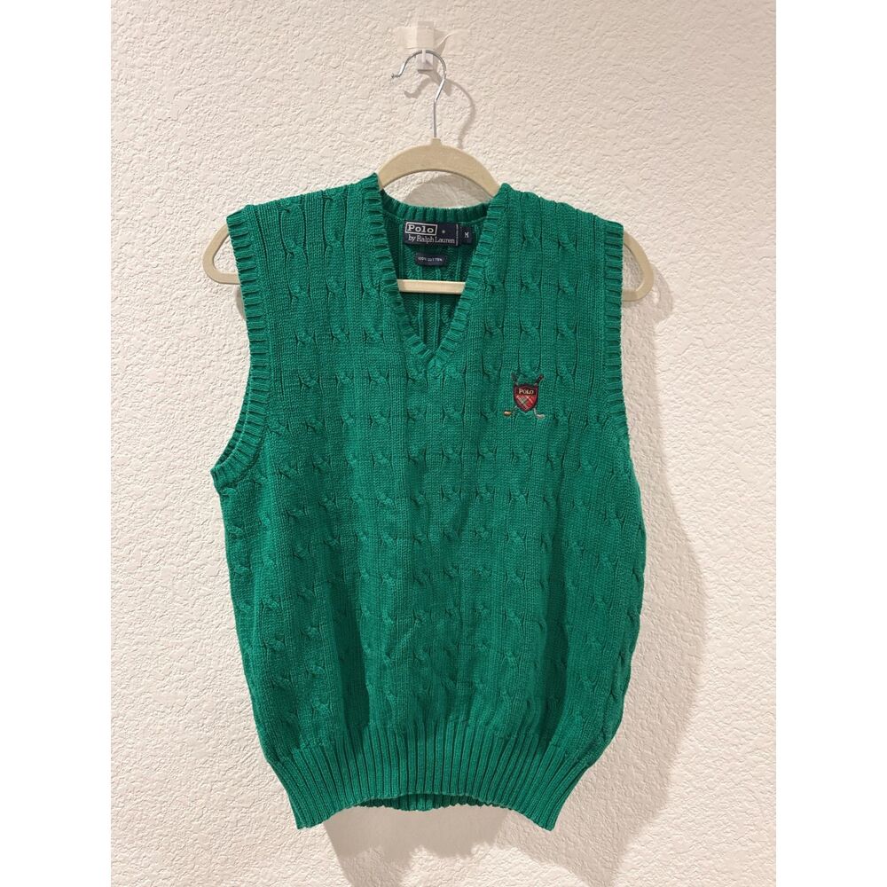 RARE Vintage 90's Polo Ralph Lauren Cable Fishermen Golf Cotton Green Knit Vest